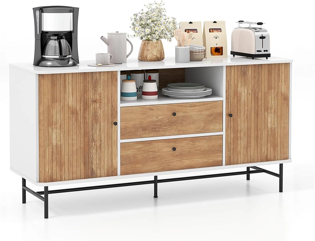Mobile Credenza, Mobile TV con Ante Scorrevoli e 2 Cassetti, Mobile da Salotto con Foro per Cavi, Mobiletto Multiuso per Cucina, Sala da Pranzo, Soggiorno, 150 x 45 x 74 cm