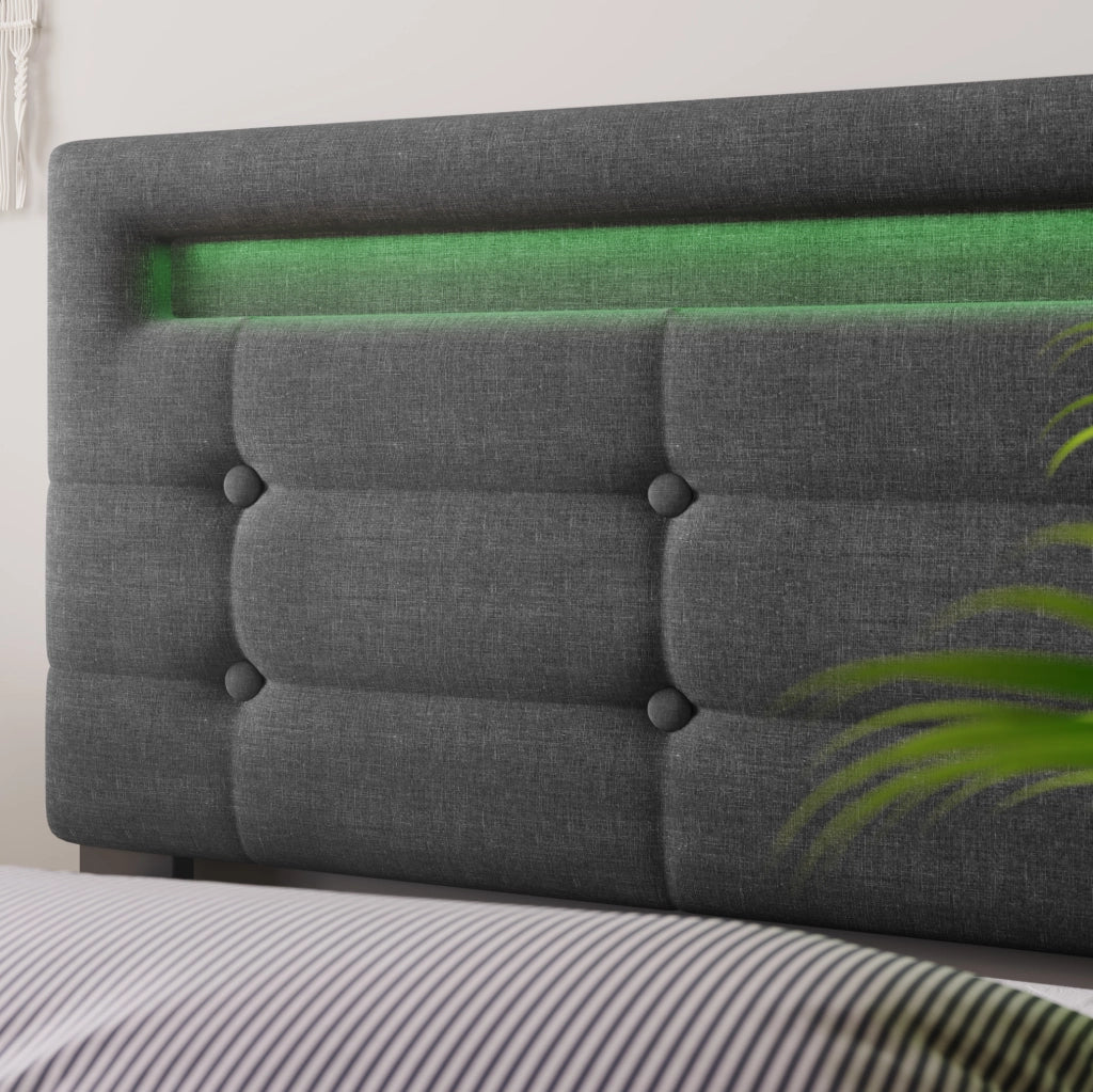 Letto singolo imbottito grigio 90x200 con LED, 2 cassetti e materasso H3