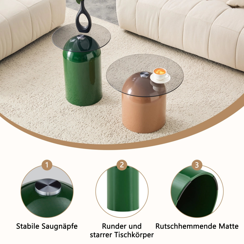 Tavolini bassi impilabili con 2 piani rotondi in vetro temperato e base in metallo laccato lucido; verde e caffè chiaro