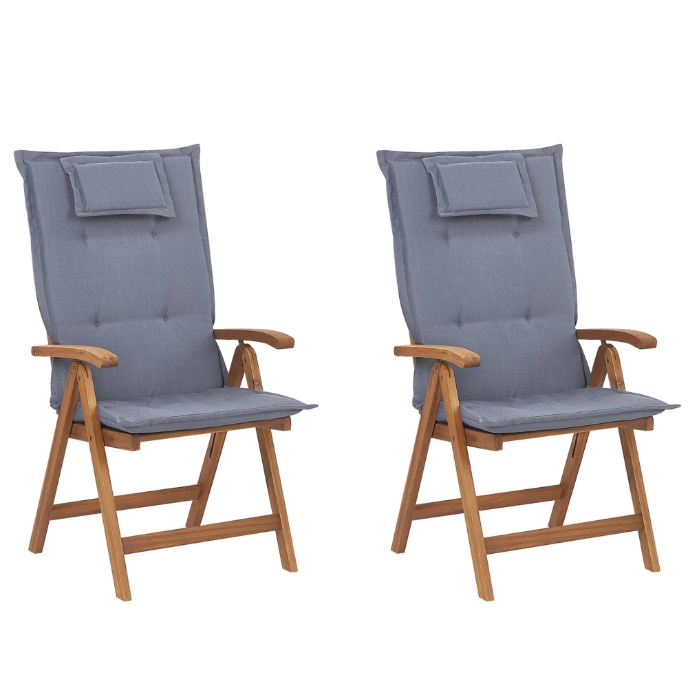 Set di 2 sedie da giardino in legno di acacia chiaro con cuscini blu pieghevole in stile rustico resistente ai raggi UV
