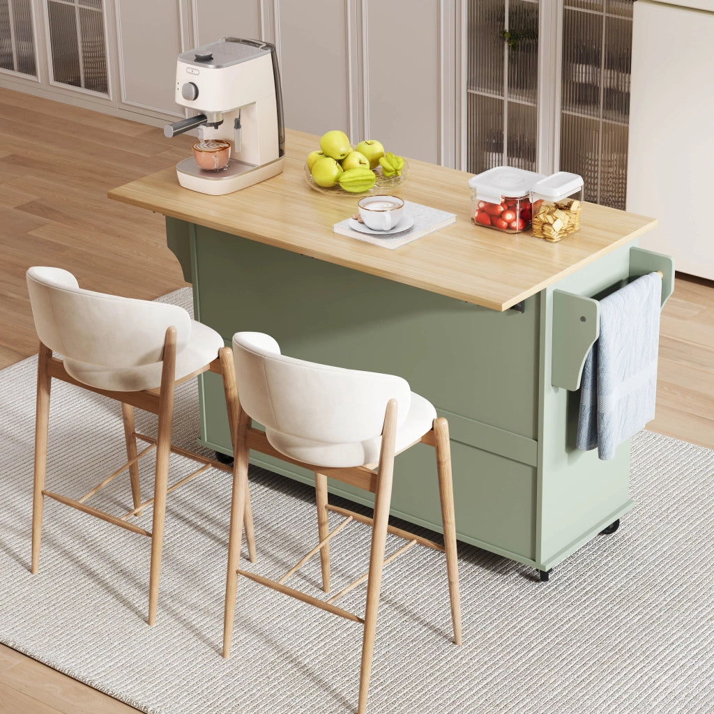 Carrello da cucina con piano ribaltabile, portabottiglie, portabicchieri, portaspezie e porta asciugamani, 138x45/70x92 cm, verde