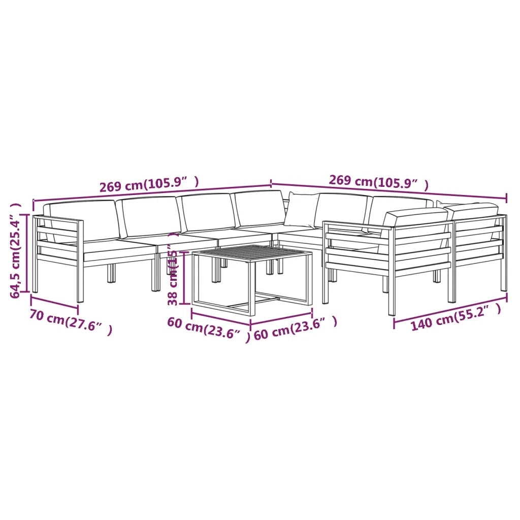Set Divani da Giardino 9 pz con Cuscini in Alluminio Antracite cod mxl 40797