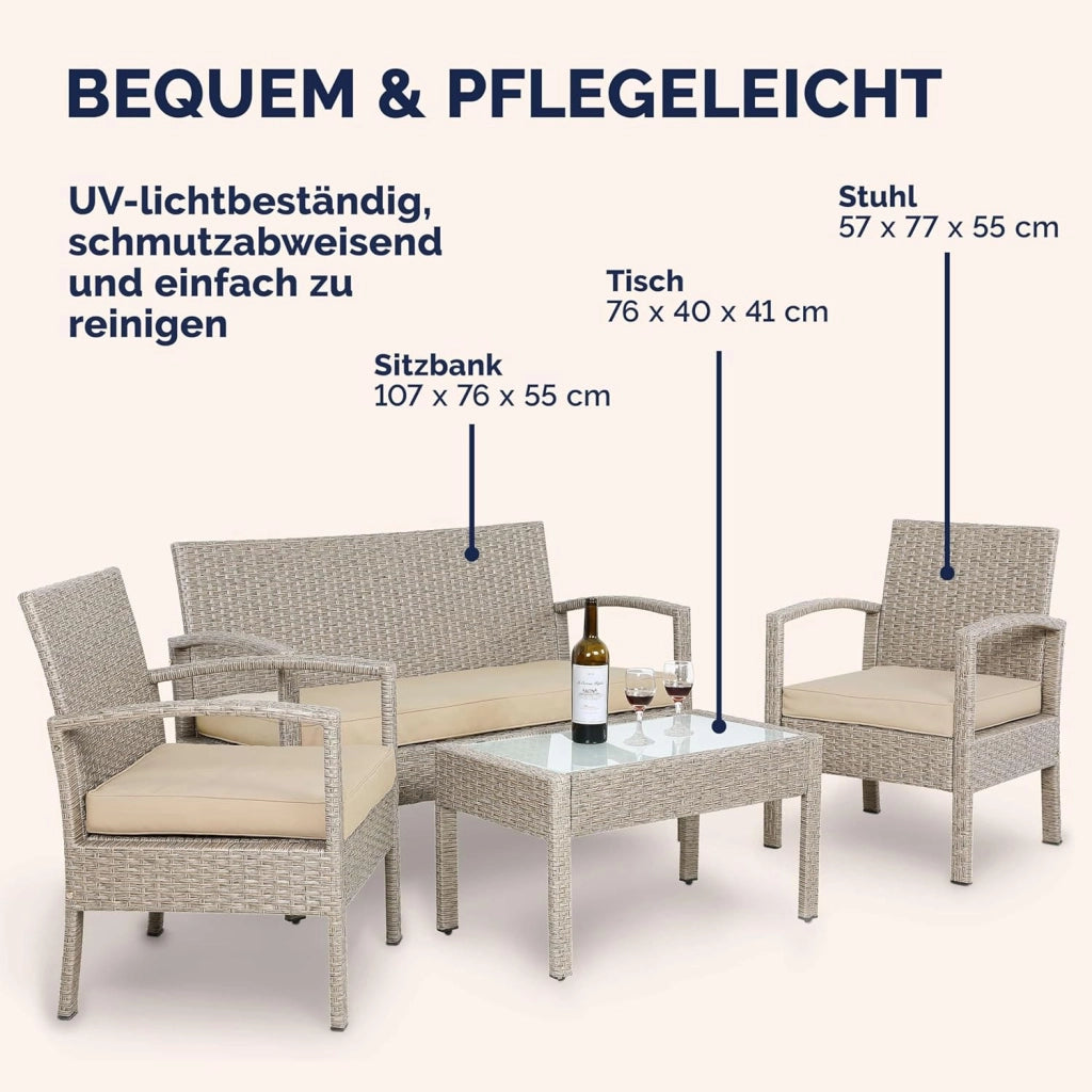 ® Lounge Tavolo da Giardino Set Polyrattan Mobili da Esterno 4 Persone Incl. Cuscini Gruppo di Seduta Terrazza Balcone Salottino Outdoor