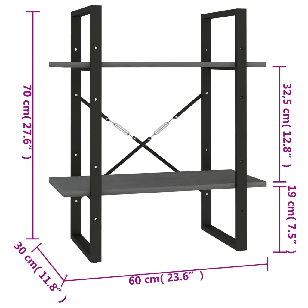Libreria a 2 Ripiani-Scaffale per Libri-Mobile di Stoccaggio Grigia 60x30x70 cm in Massello di Pino