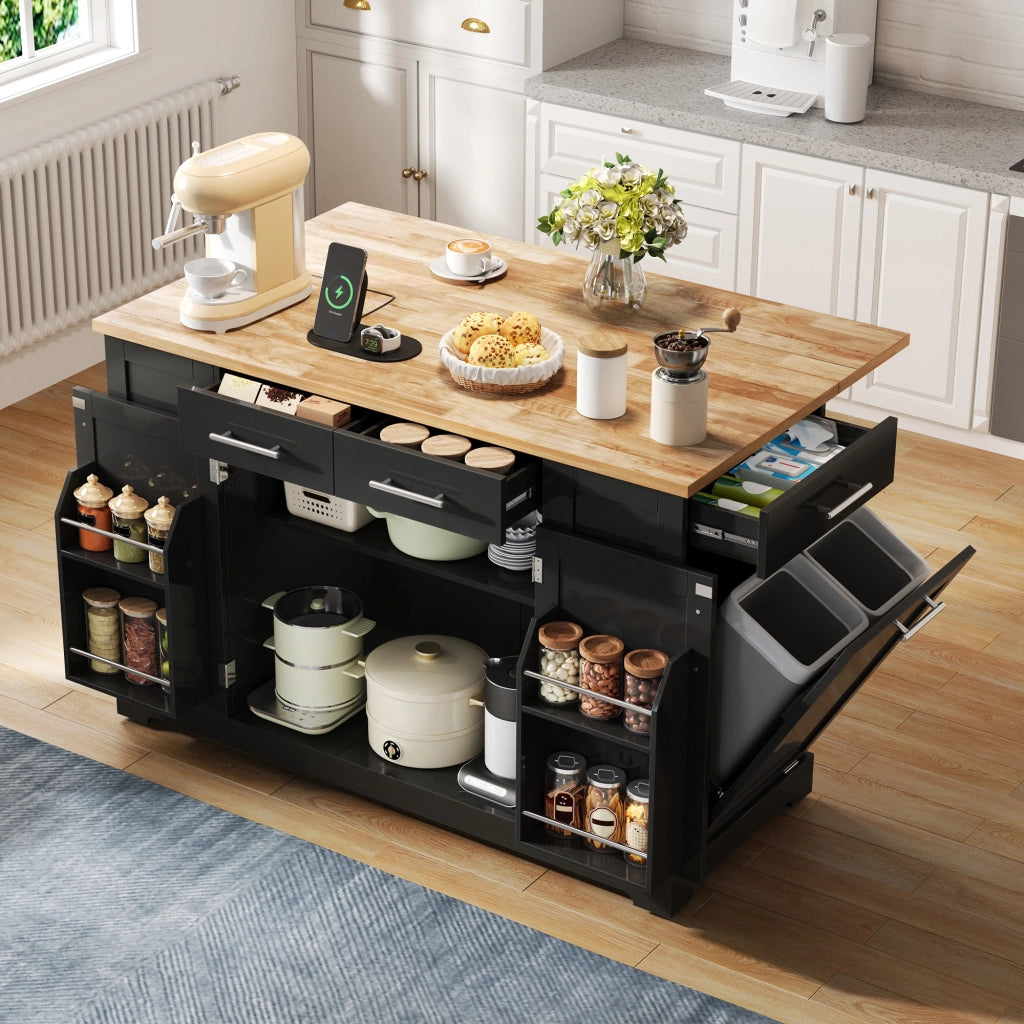 Mobile contenitore con piano pieghevole; prese USB e vano rifiuti - per cucina - 138×86×92 cm - nero
