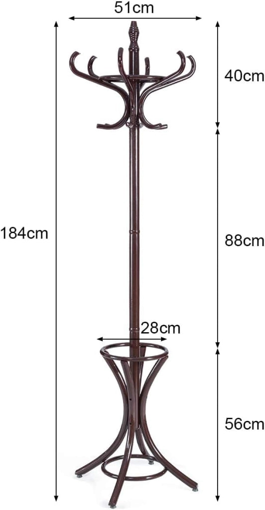 Appendiabiti da 184 cm, Scaffale per Abiti e Cappelli, Appendiabiti in Legno con 12 Ganci, Supporto per Ombrellone, Portabiti Autoportante, per Ingresso, Ufficio, Soggiorno (Marrone)
