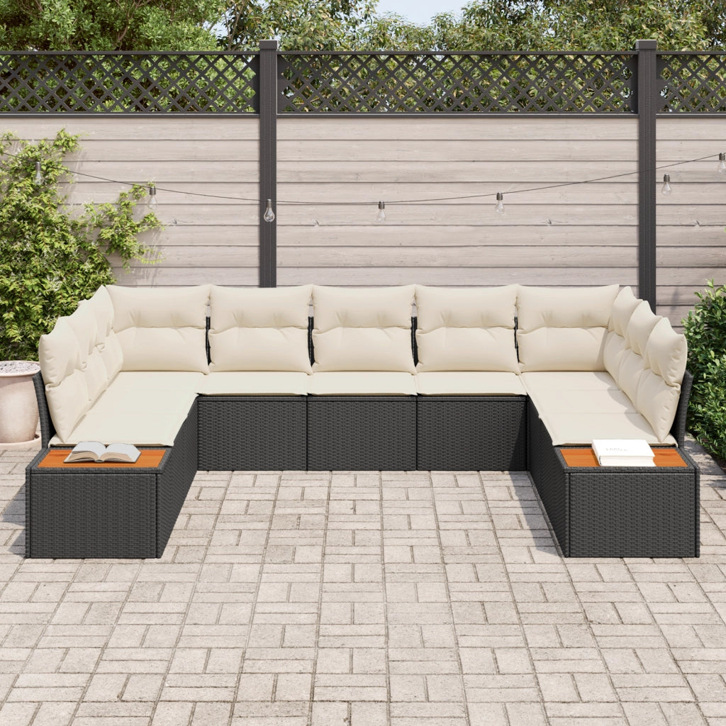 Set Divano da Giardino con Cuscini Nero Polyrattan Acacia