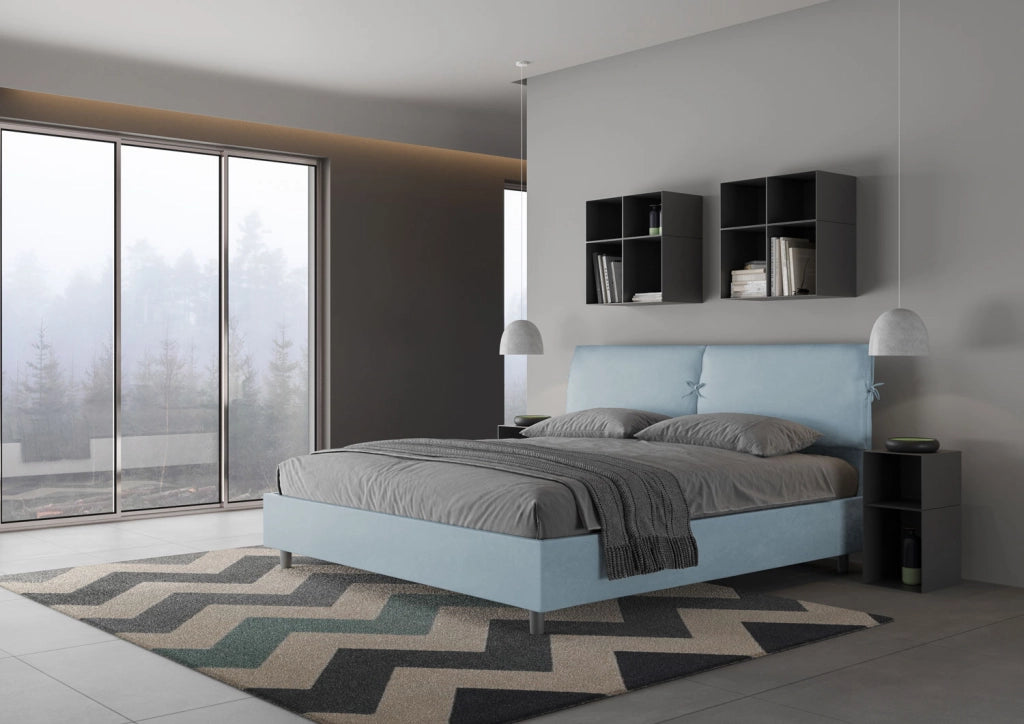 BS COM Letto matrimoniale king size contenitore imbottito 200x200 microfibra azzurro