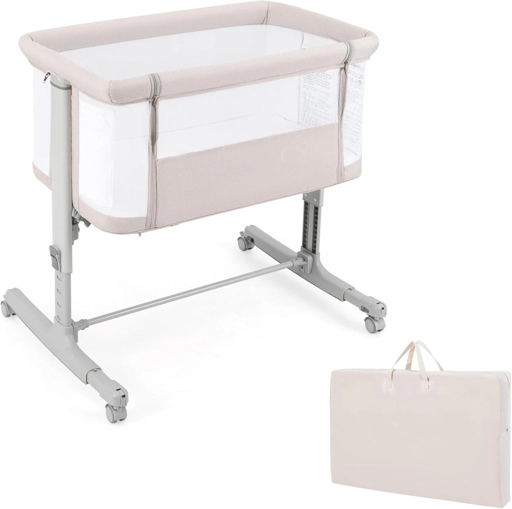 3 in 1 Culla Neonato Fianco Letto, Lettino Neonato Dondolo con Materasso, Culla Co-Sleeping Fino a 9 kg, Altezza Regolabili, 84 x 59,5 x 80,5cm (Grigio)