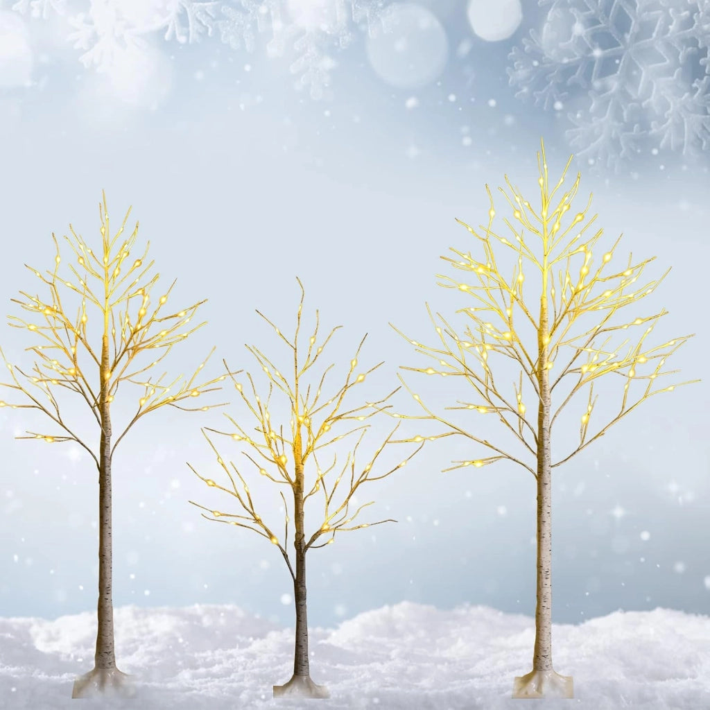 Albero Artificiale Illuminato 120 cm con Rami di Betulla, Albero di Natale Bianco con Luci LED Calde e Bianche, Decorazione per Interno per Natale Pasqua