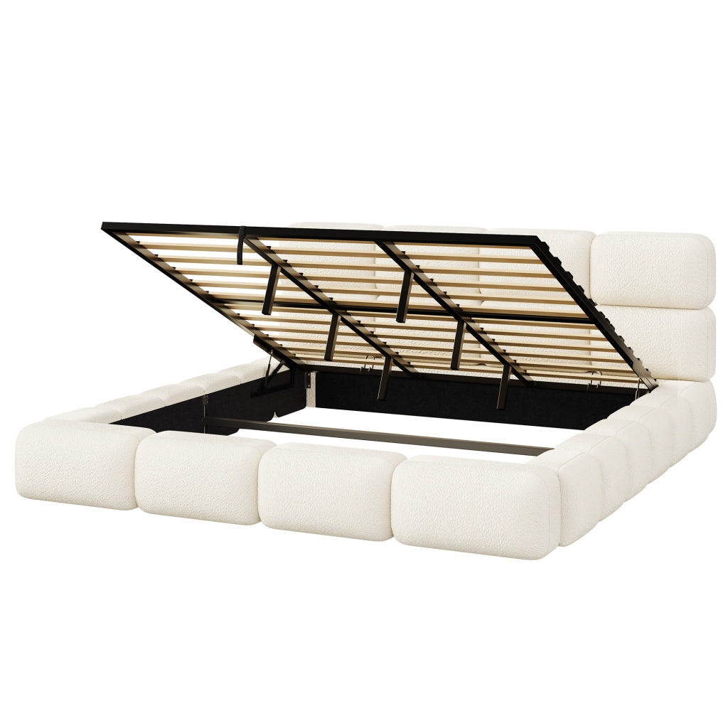 Letto Contenitore 200 x 200 cm con Sollevamento Idraulico; Bouclé Bianco