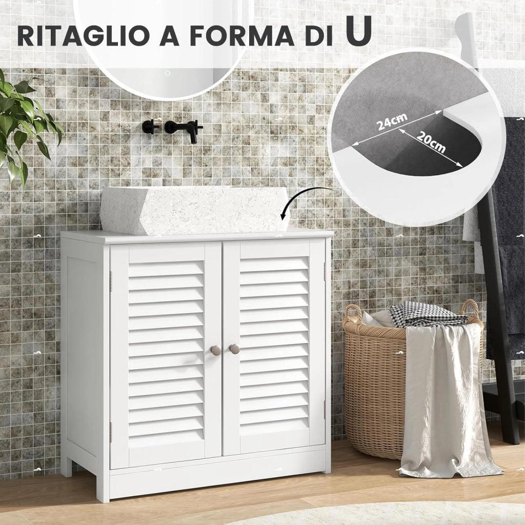 Mobile Sottolavabo per Bagno, Armadietto a Terra con 2 Ante a Persiana, Ripiano e Taglio a U 24 x 20cm, Organizer Moderno e Salvaspazio per Prodotti da Toeletta e Asciugamani, Bianco