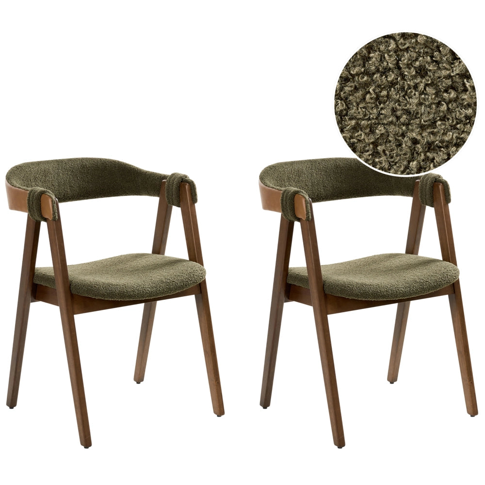 Set di 2 sedie da pranzo in tessuto boucle di poliestere marrone scuro e verde con gambe in legno di gomma in stile retrò tradizionale