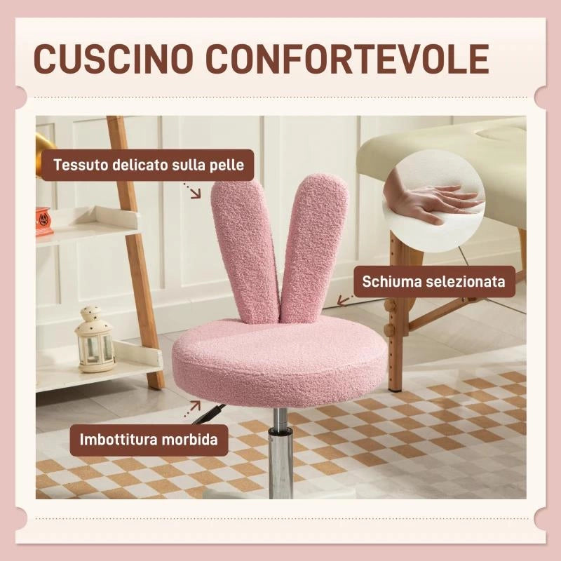 SEDIA DA SCRIVANIA A ORECCHIE DI CONIGLIO AD ALTEZZA REGOLABILE E RIVESTITA IN PILE TEDDY ROSA, 53X53X70-84 CM