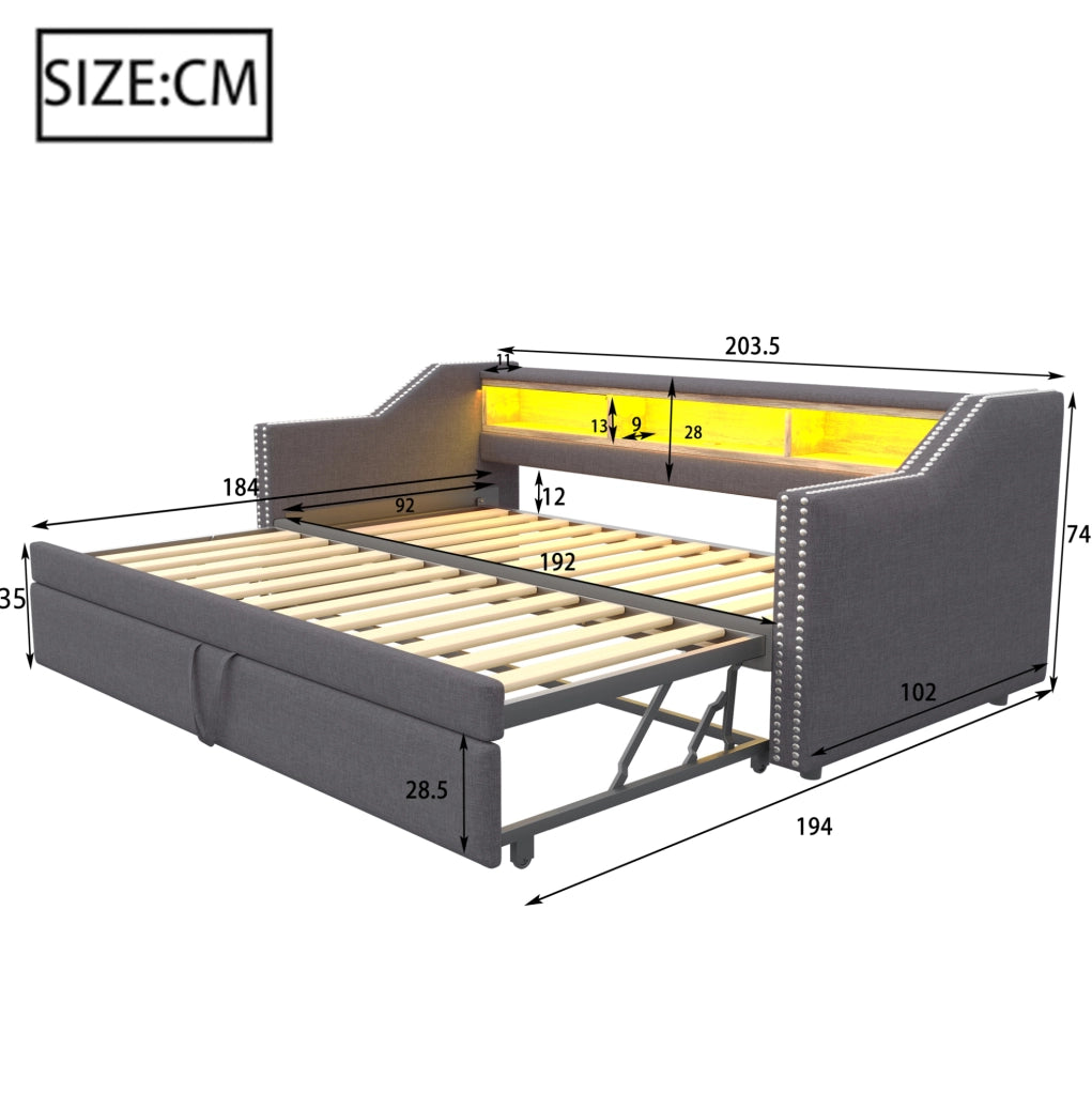 Divano letto estraibile 90/180x190 cm con ripiani, LED e USB grigio scuro