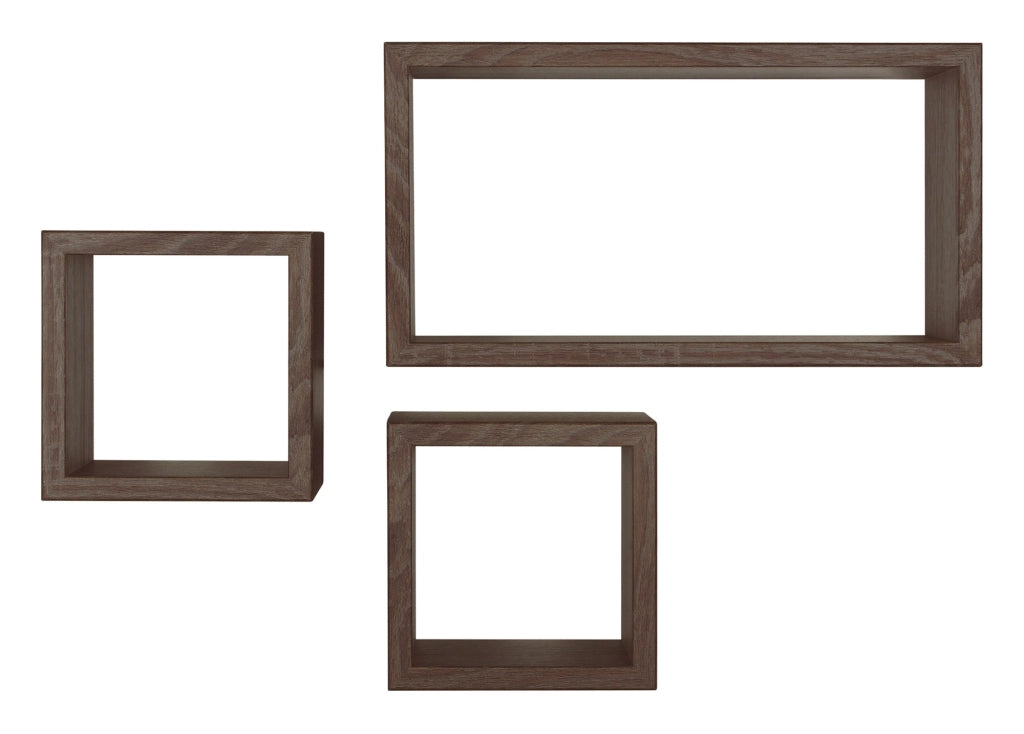 Set 3 Mensole Cubo da Parete Quadrato e Rettangolare in Fibra di Legno Tribù Noce