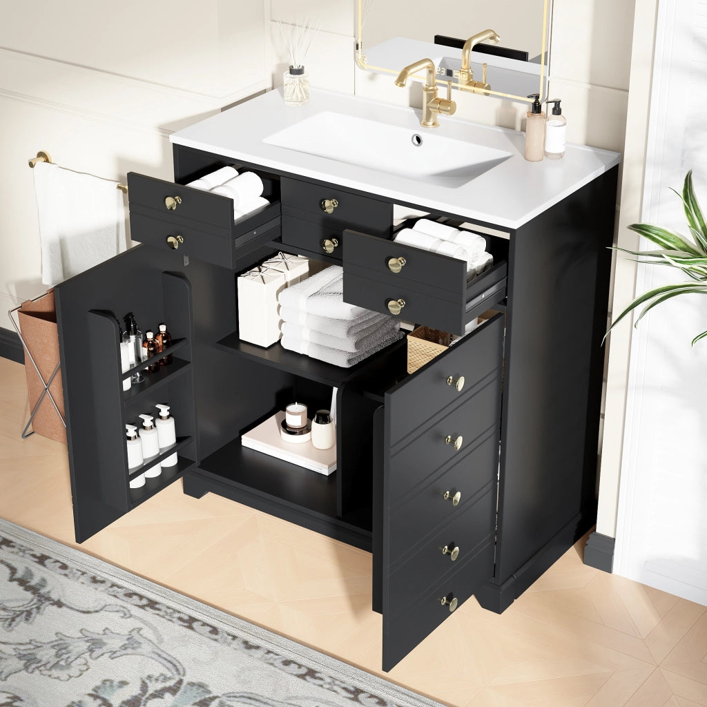 Mobile Bagno con Lavabo in Ceramica ¨C MINIMAL ¨C Nero/Oro, Cassetti, Armadietto