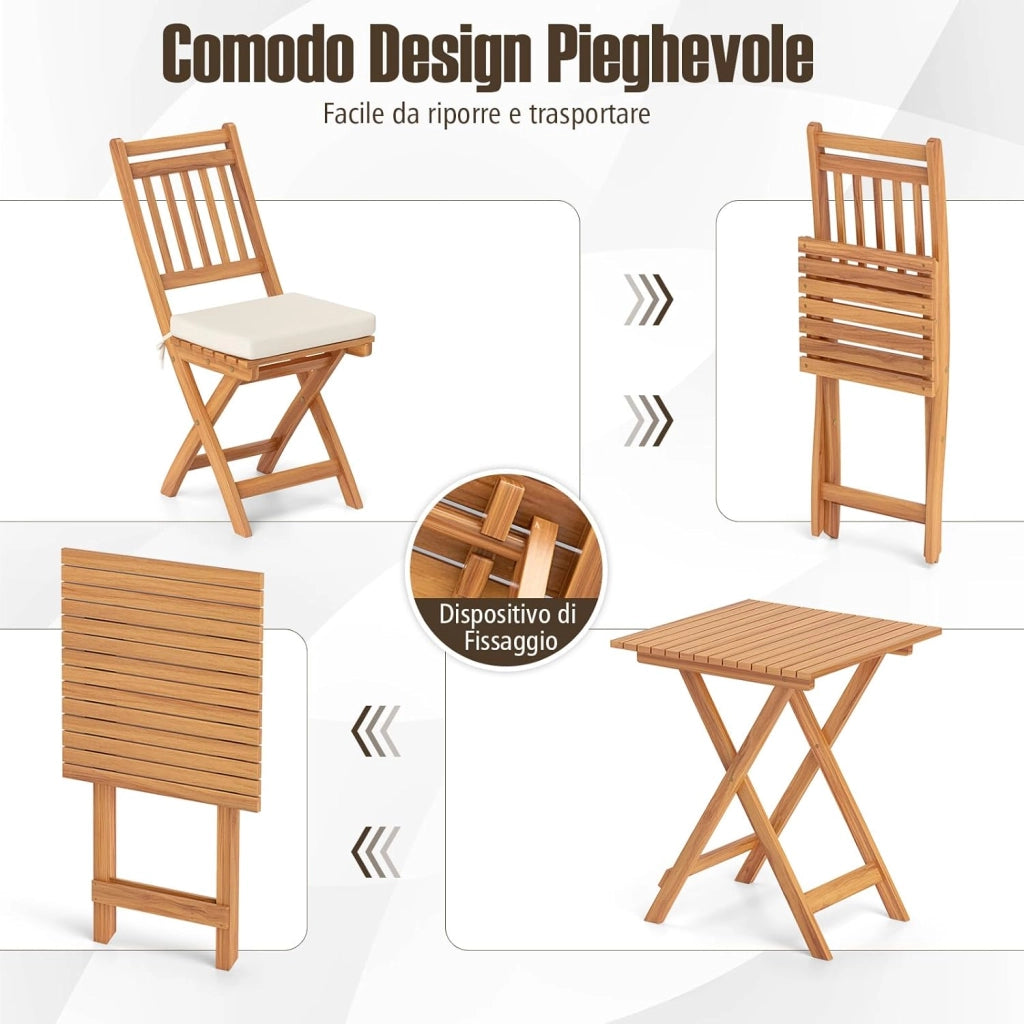 Set Bistro da Esterno in Legno di Acacia, Tavolo e 2 Sedie Pieghevoli con Cuscini, Tavolo Portata 80 kg/Sedia Portata 180 kg (Modello 2)
