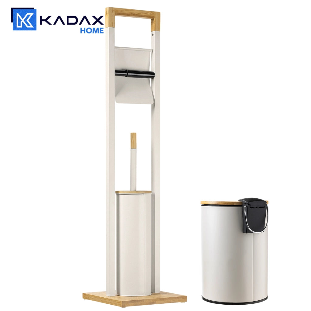 Set da bagno KADAX beige con cestino, portarotolo e scopino.