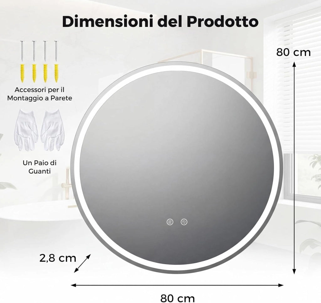 Specchio Rotondo LED con Luce da 80 cm, Specchio da Bagno da Parete con Luminosità Regolabile, Touch Intelligente, Funzione Memoria e Design Anti-Appannamento, per Ingresso (80 cm x 2,8 cm)