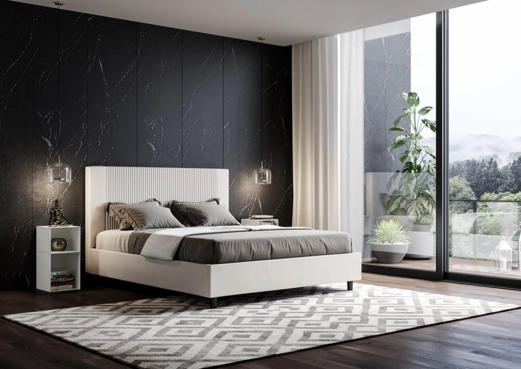 Letto Matrimoniale 160x190 cm con Rete e Contenitore con Testata e Alzata Comoda Imbottito in Similpelle Goya Bianco