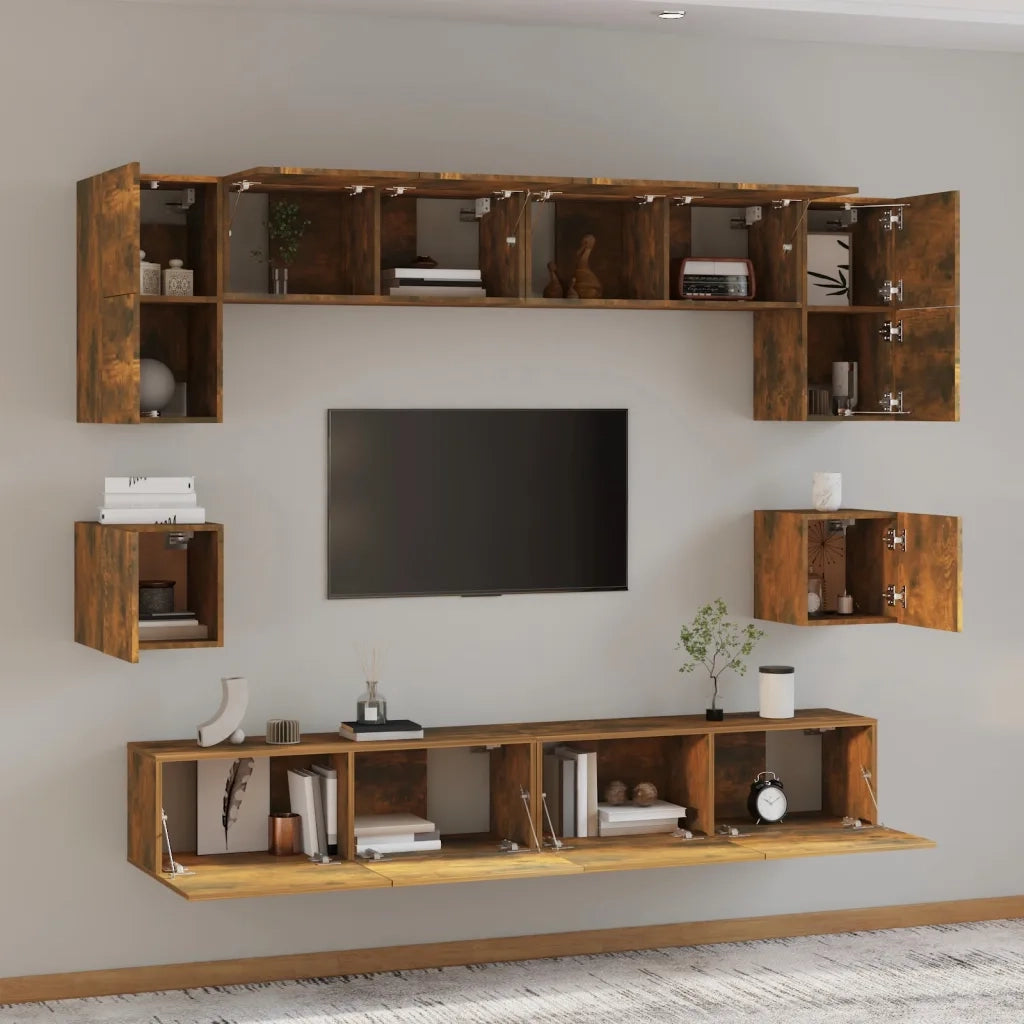 Set Mobili Porta TV 8pz Rovere Fumo in Legno Multistrato 3114419