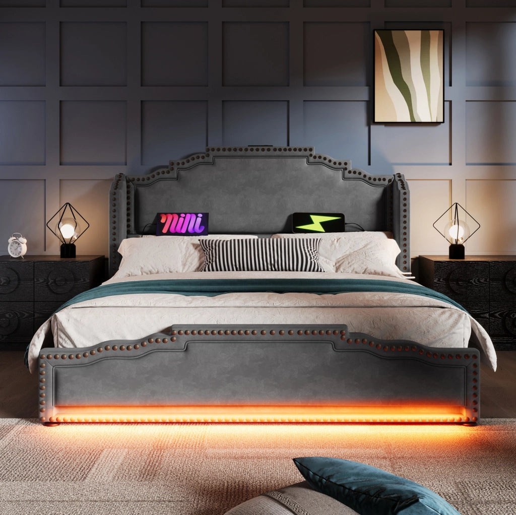 Letto matrimoniale ULEVR 160x200 cm con 4 cassetti, LED, USB e Type-C, velluto grigio con materasso