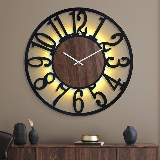Oggetto da Parete Grande con Lampada da Terra - 80 cm Orologio in Metallo con Suono di Ticking Stile, Luce LED nel Buio, Aspetto in Legno Vintage per Salotto, Loft, Ufficio, Camera da Letto, Cucina