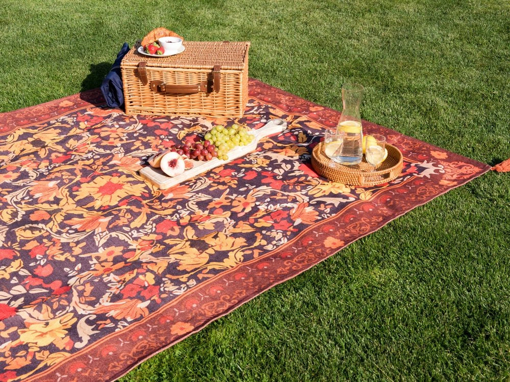 Coperta per picnic rosso con cinturino con motivo floreale 150 x 200 cm da esterno