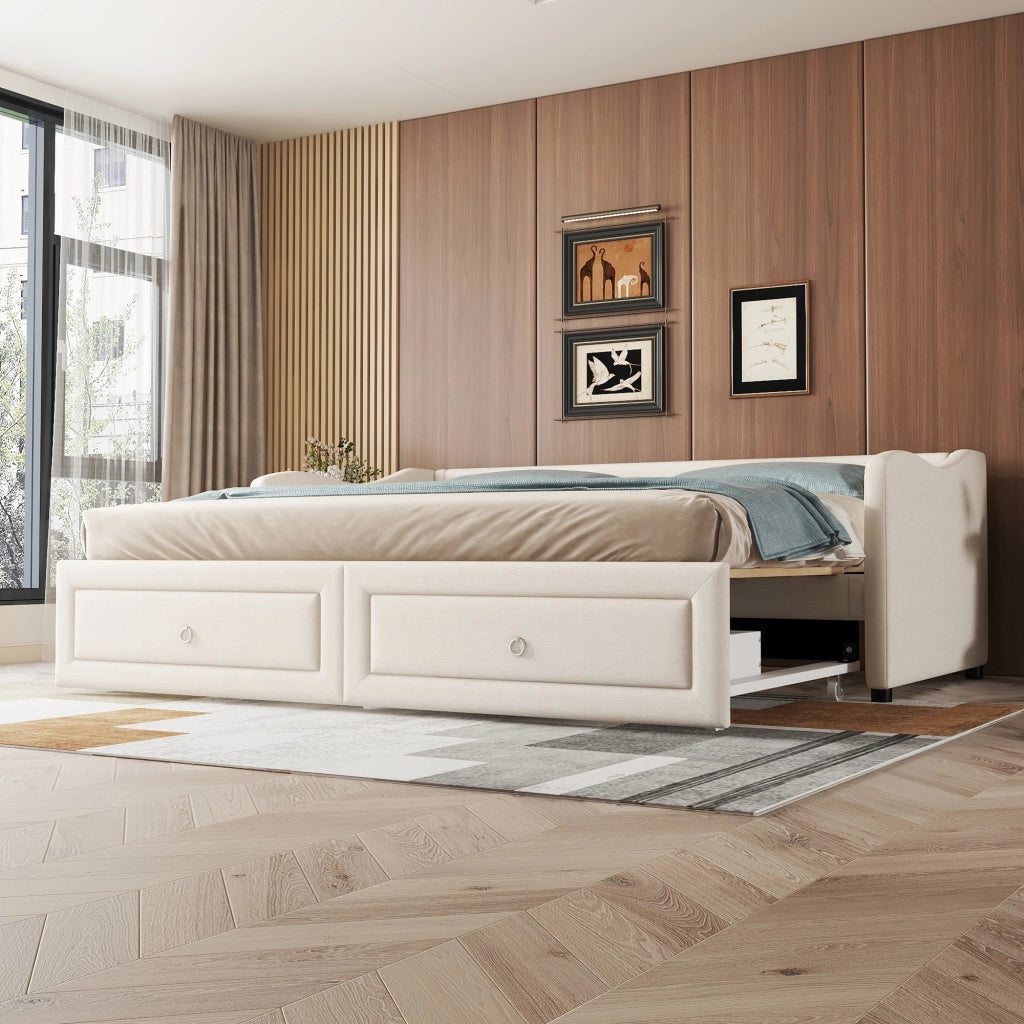 OKWISH Letto a Scomparsa 90×200 cm, Letto Singolo con Letto Estraibile, 2 Cassetti e Spazio Contenitore, senza Materasso, Lino, Beige