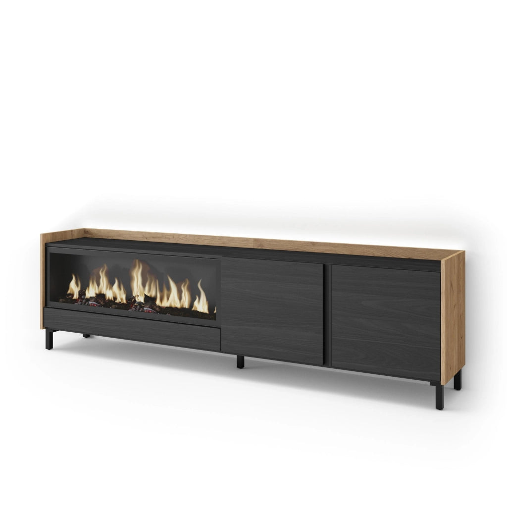 Mobile TV Soggiorno, 212x61x35 cm, Per TV fino a 80", Camino elettrico XXL, Design industriale, LED, Nero e rovere