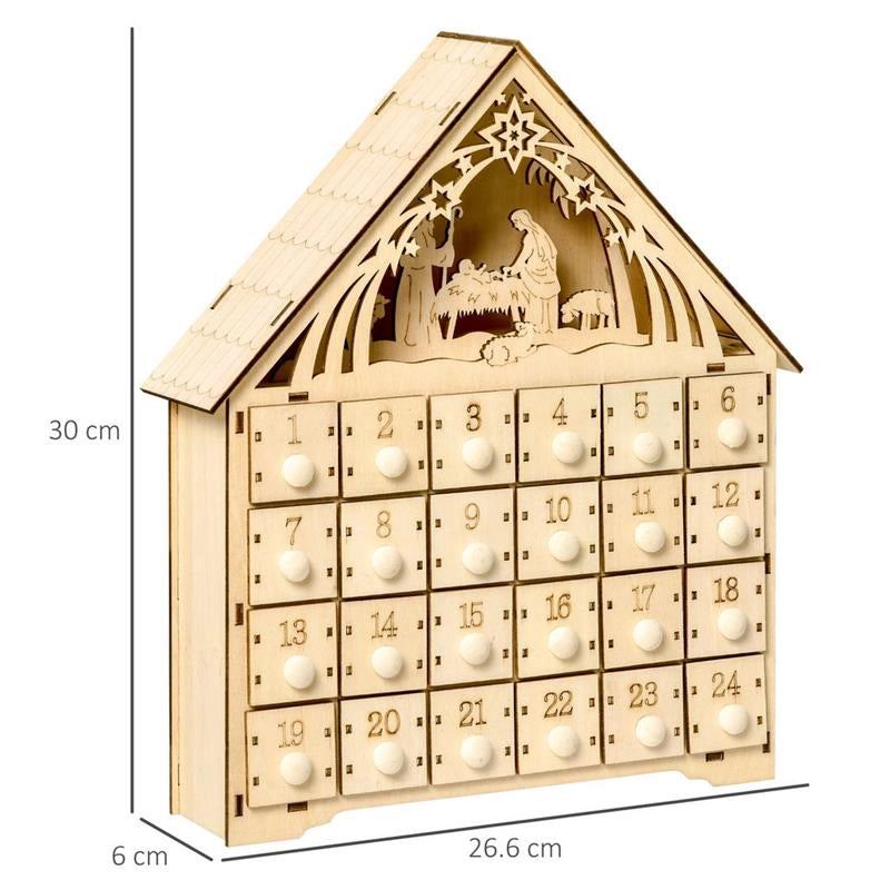 CALENDARIO DELL'AVVENTO IN LEGNO CON 24 CASSETTI E PRESEPE INTAGLIATO - 26.6X6X30CM