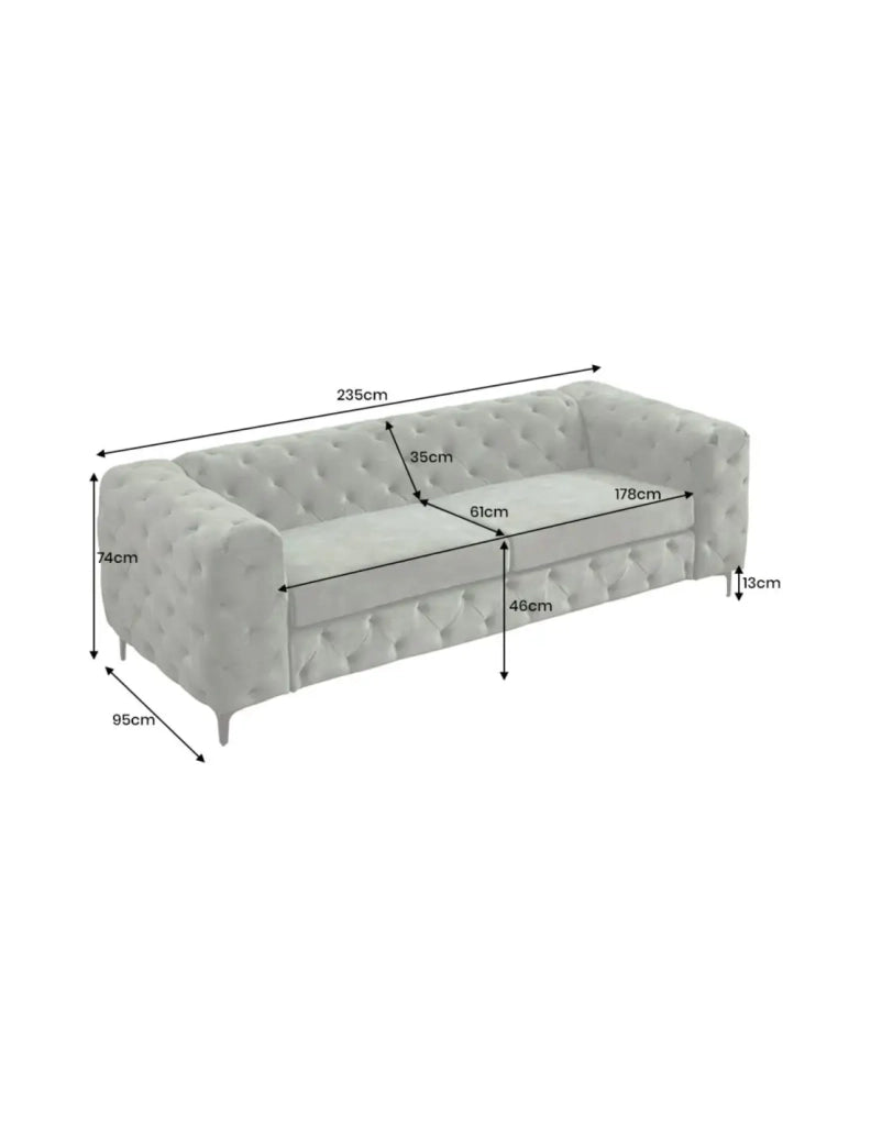 Divano dritto VELENA 3 posti in velluto capitonné - Verde scuro - 235 x 74 x 95 cm