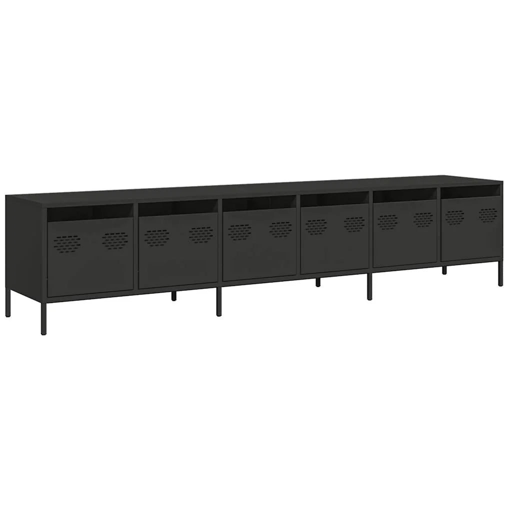 Mobile porta TV contemporaneo con ampio spazio contenitivo per soggiorno 202 x 39 x 43 cm realizzato in acciaio laminato a freddo nero 02_0055632