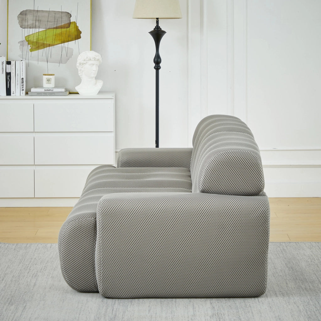 Divano Cloud due posti in tessuto 3D traspirante grigio con braccioli larghi e design moderno