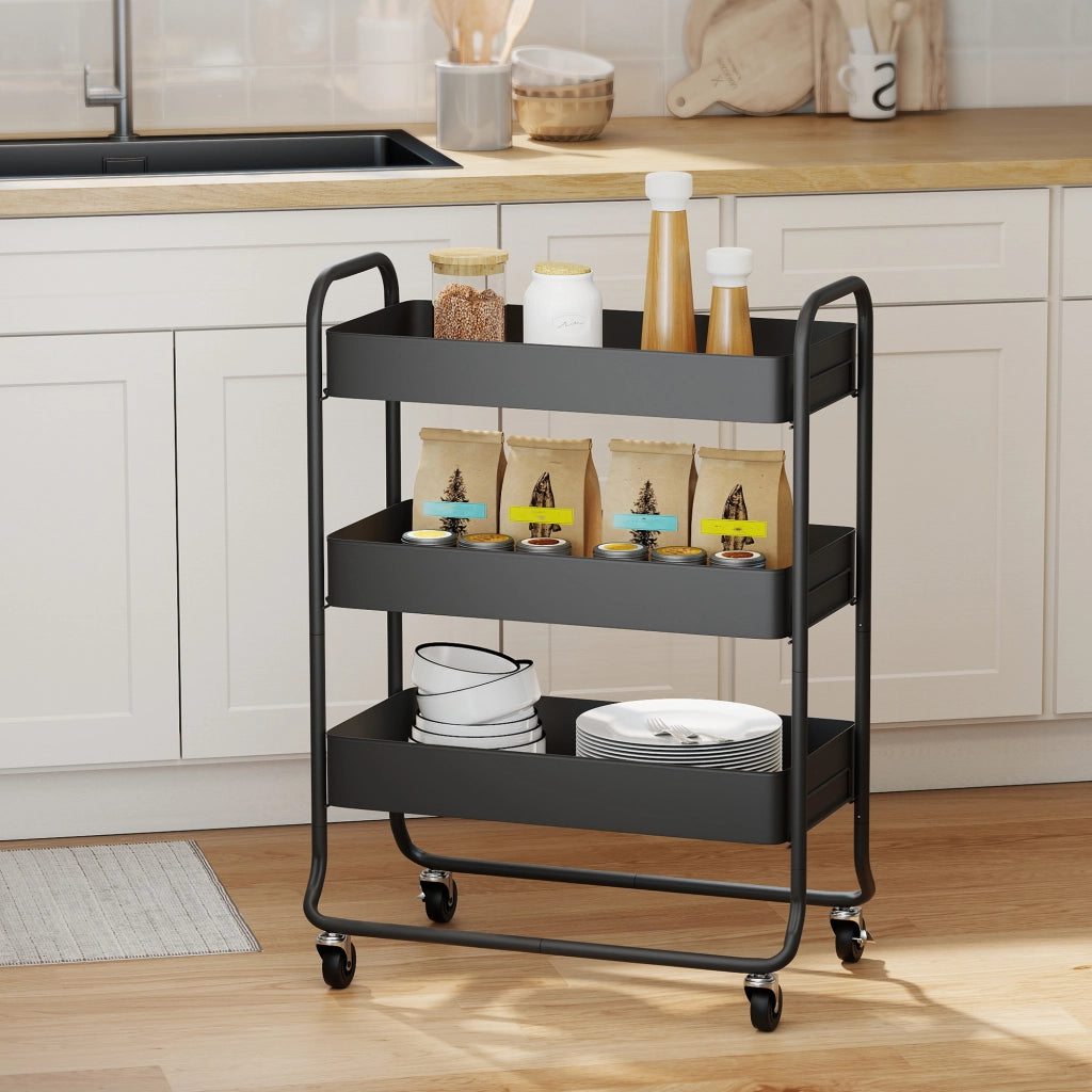 Carrello per Cucina con 3 Cestelli e 4 Ruote ¨C zephmum ¨C Nero, Metallo