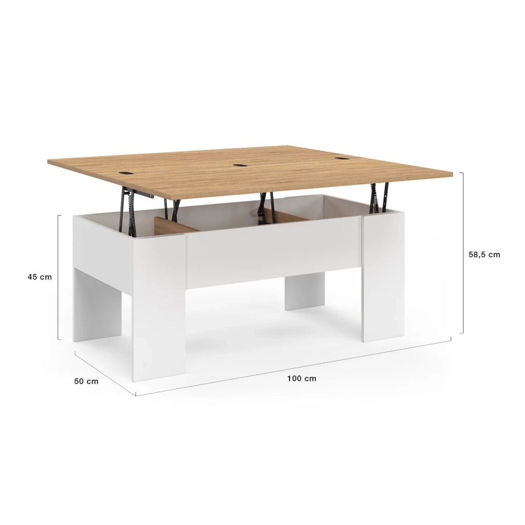 IDMarket - Tavolino rettangolare con piano sollevabile, trasformabile in tavolo da pranzo TARA, in legno bianco e faggio finto