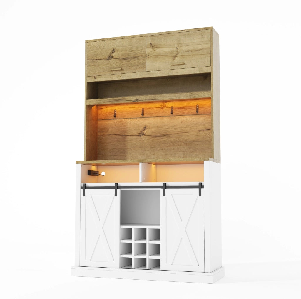 Credenza alta 110x40x191 cm con LED RGB; ripiani aperti e vetrina in MDF naturale e bianco