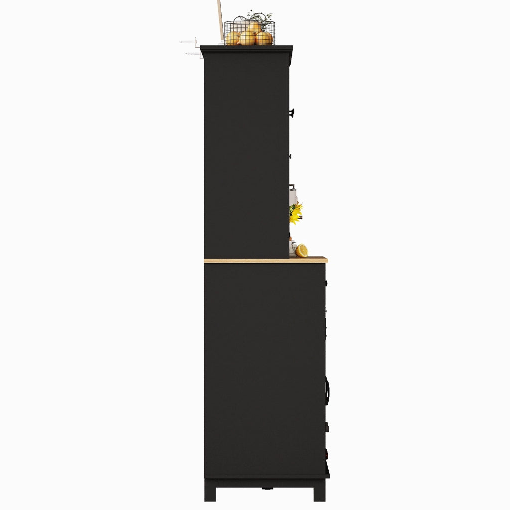 Credenza da Cucina Vetrina con 2 Ante Scorrevoli; 3 Ripiani Regolabili e LED per Cucina in MDF Nero 105x38;4x180 cm