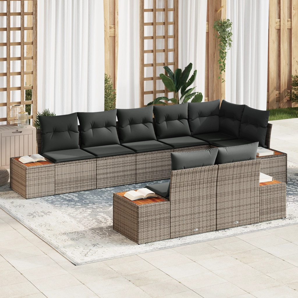 Set Divano da Giardino  8 Pezzi con Cuscini Grigio Polirrattan Acacia