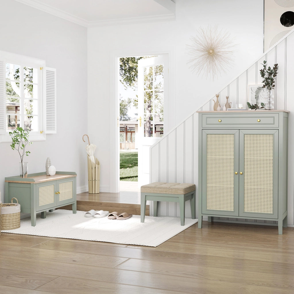 Scarpiera con ripiani e ante in rattan ¨C Zephmum ¨C Verde 80x30x90
