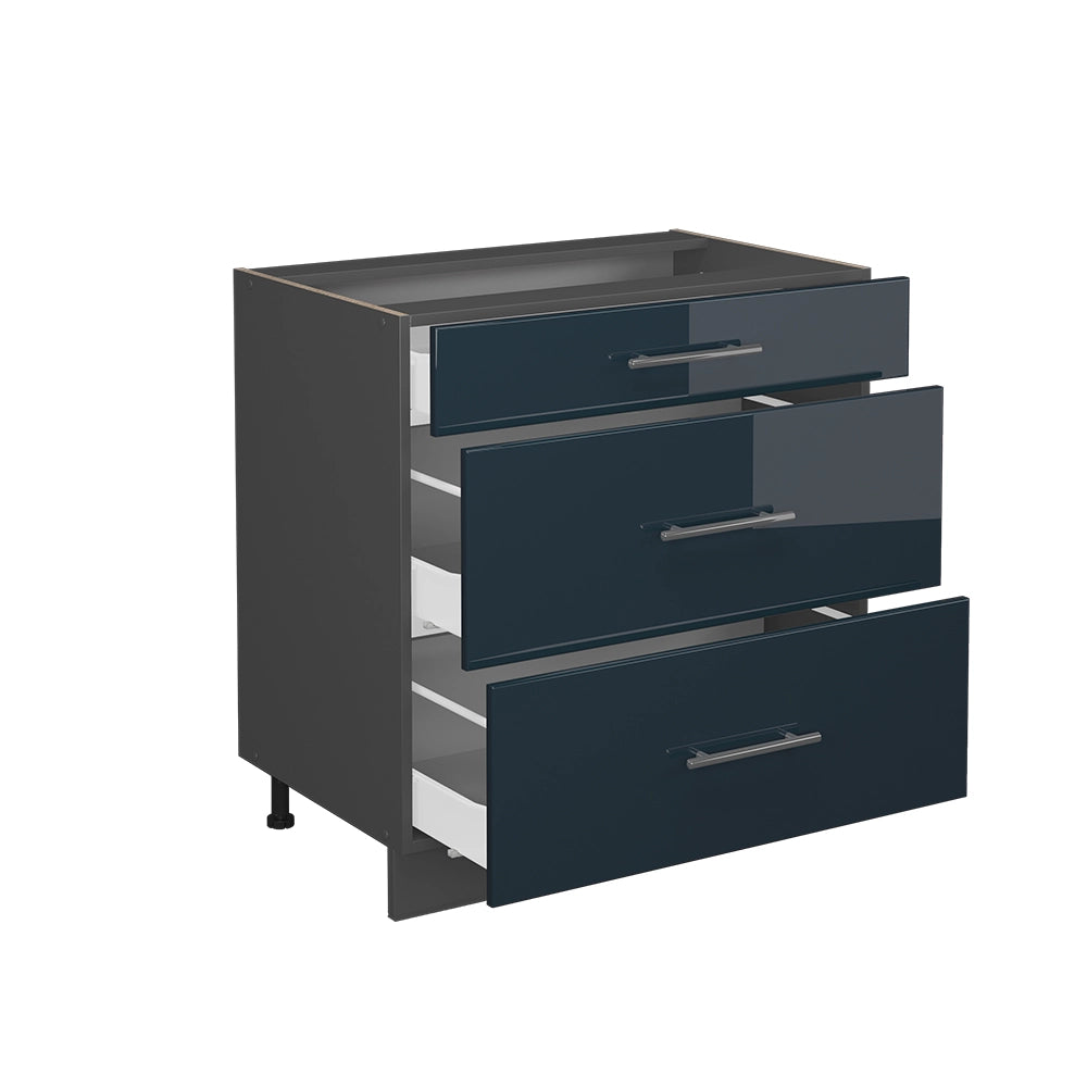 Mobiletto base per cucina Fame-Line Blu scuro lucido/Antracite 80 cm con 3 cassetti, senza piano di lavoro Vicco
