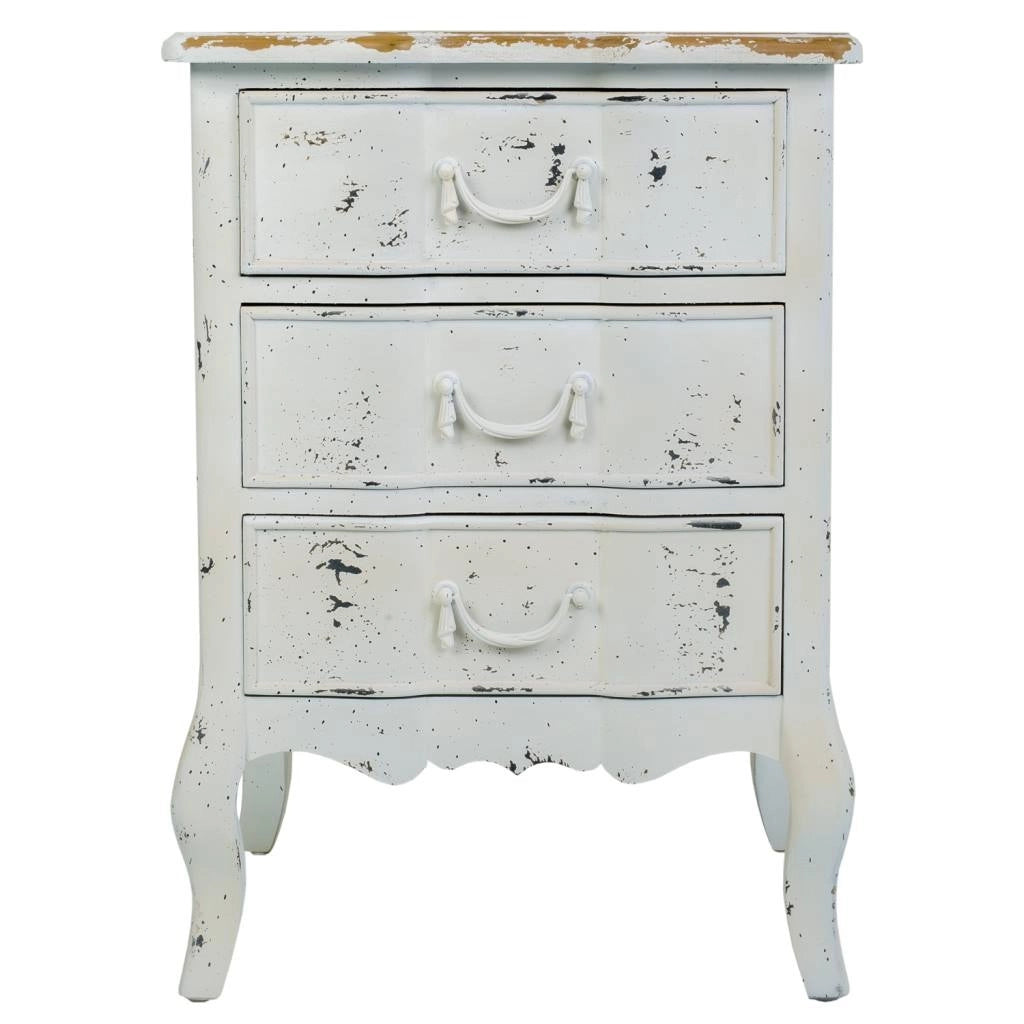 Comodino in legno laccato bianco invecchiato, dimensioni 50x40x70 cm.
