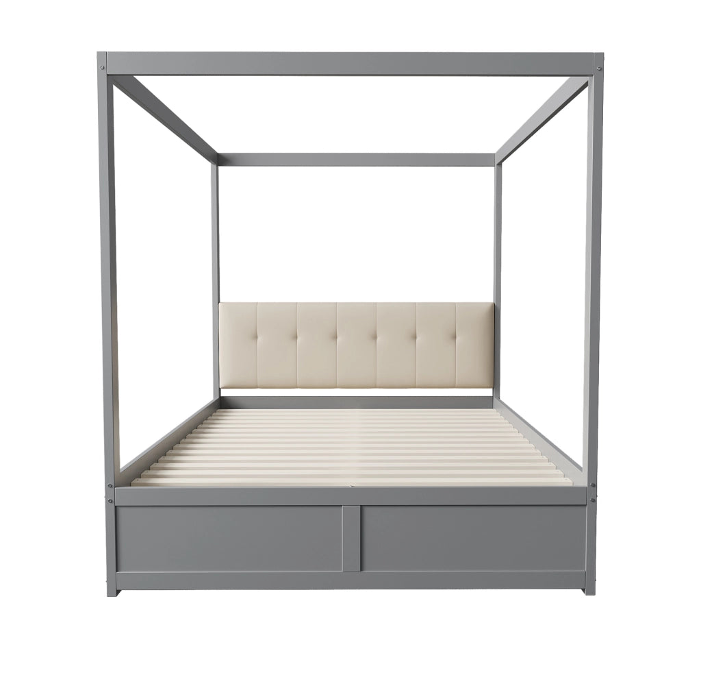 Letto a casetta 140x200 cm in legno grigio con testiera imbottita e 2 cassetti