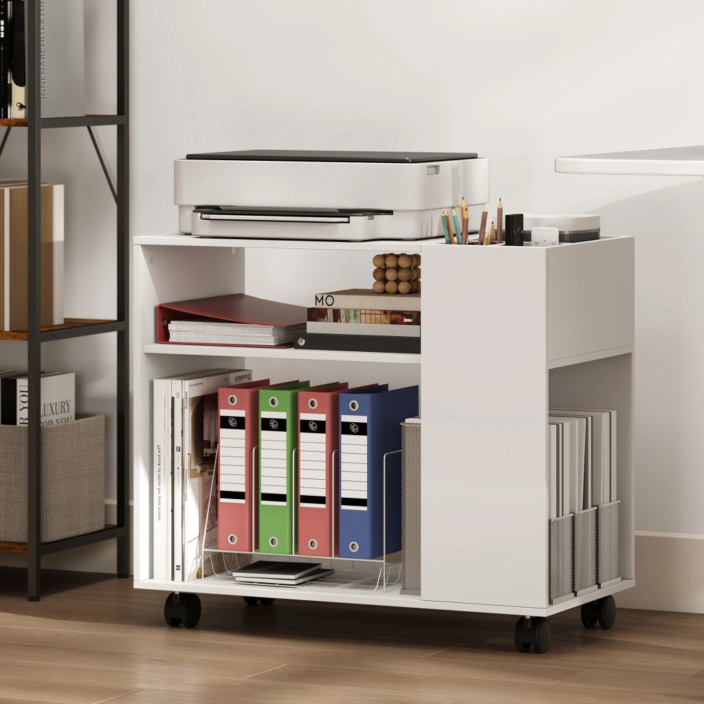 Tavolino da Salotto con Ruote, Vani Aperti, Ripiano e Scomparto, 70x36x60 cm, Bianco