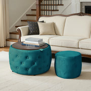 Pouf contenitore in velluto con vano portaoggetti e vassoio in legno blu 58 × 58 × 38 cm