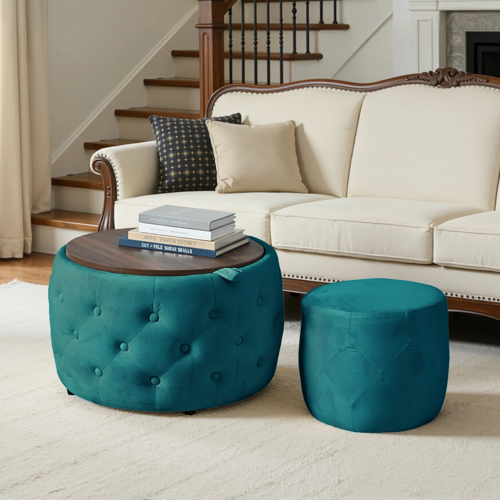 Pouf contenitore in velluto con vano portaoggetti e vassoio in legno blu 58 × 58 × 38 cm