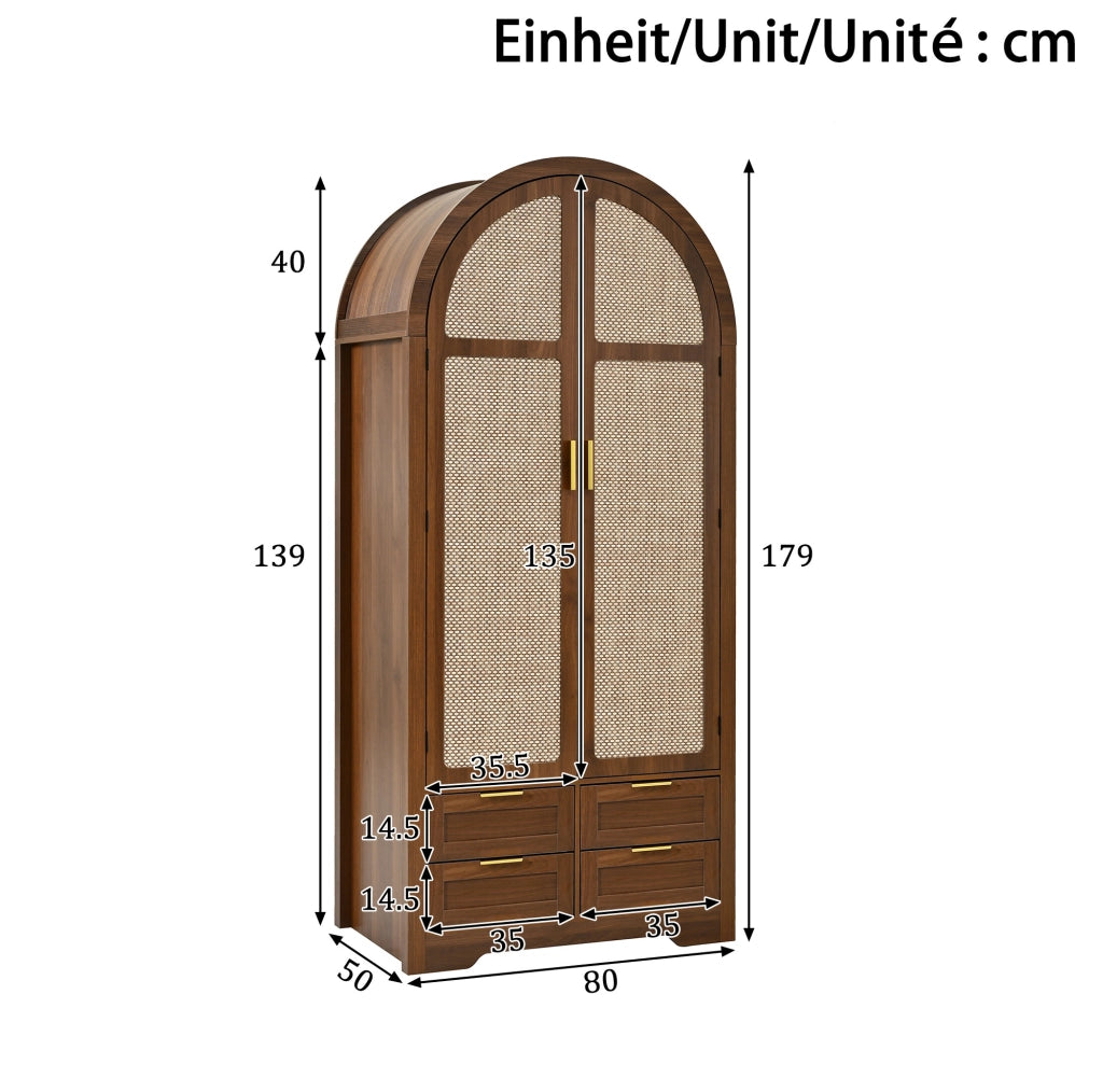 Armadio 80x50x179 cm con ante curve e pannelli in rattan; in MDF noce