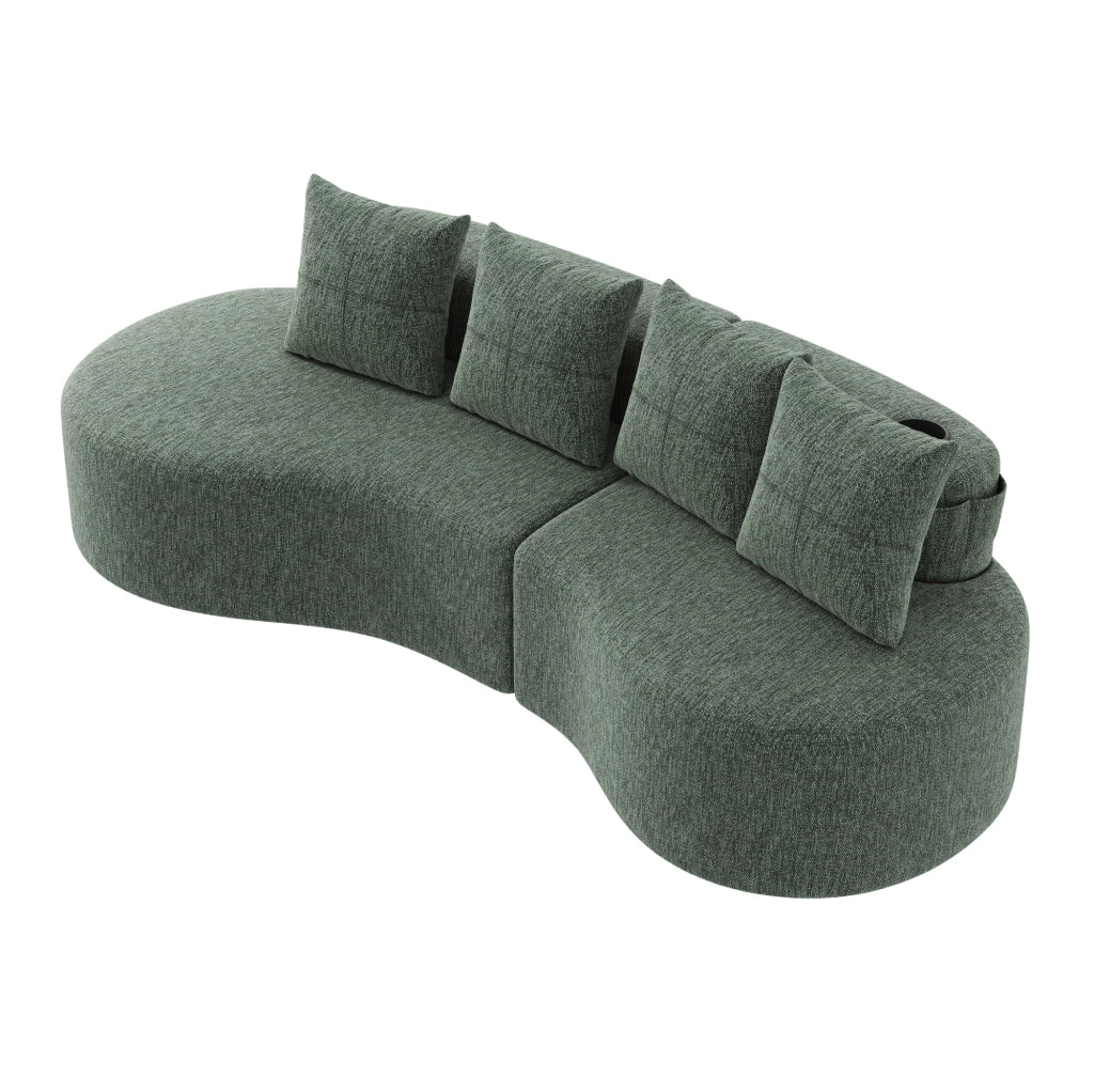 Divano 240x109x63 cm verde, portabicchieri e tasche laterali, lino, 4 cuscini