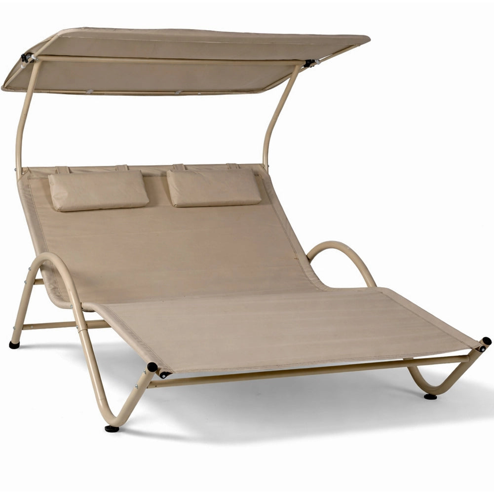 Lettino Lounge 2 Posti da Esterno Sabbia Tetto Parasole Anti UV Giardino Patio